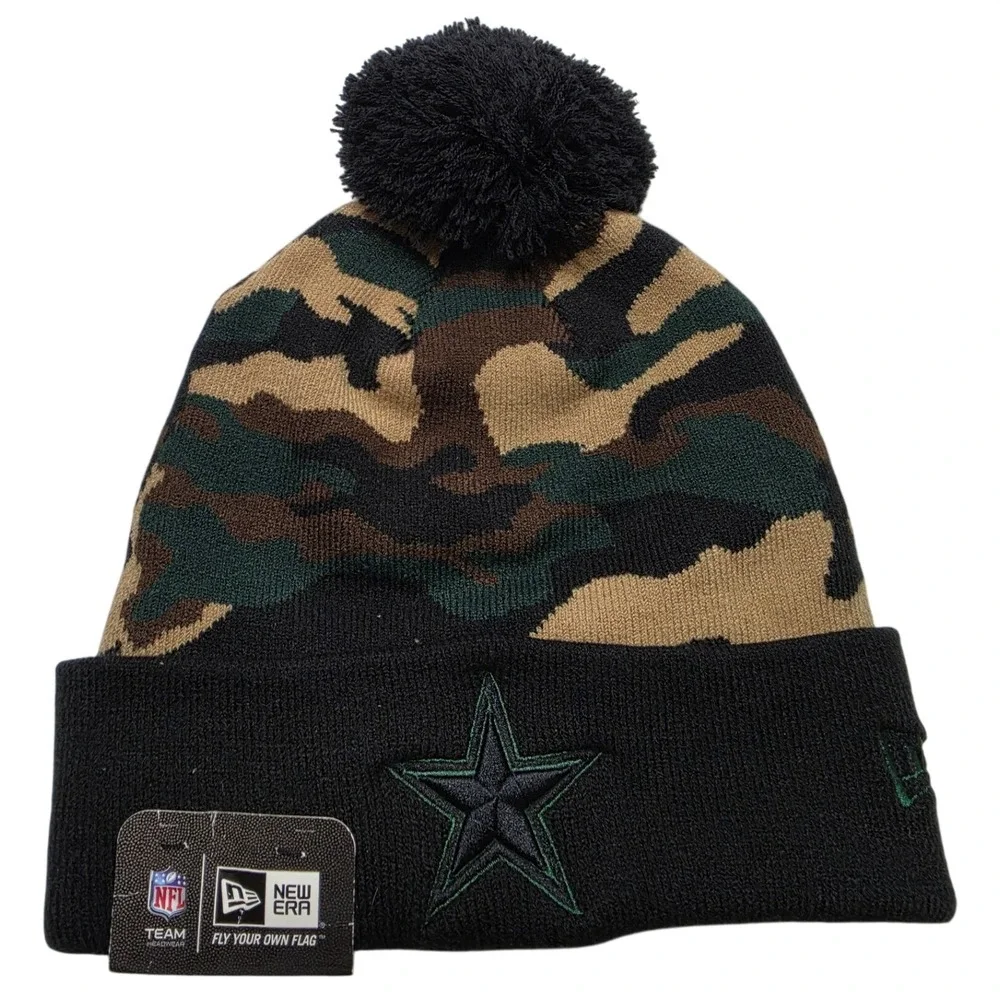 New Era Dallas Cowboys NFL Camo Beanie Knit Hat With Pom Black Green Camouflage